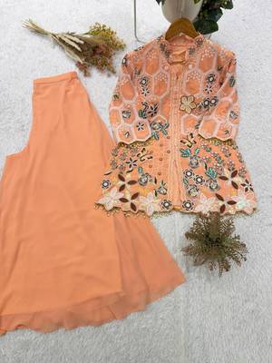peach color embroidery and sequnce work georgette salwar suit 5