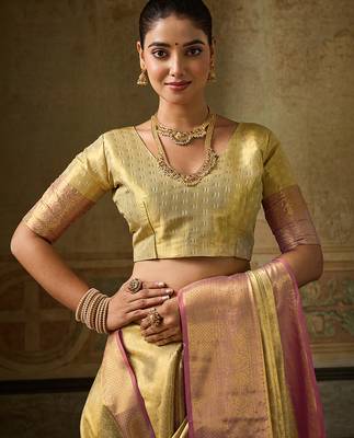 gold color beautiful woven designer partywear saree 4