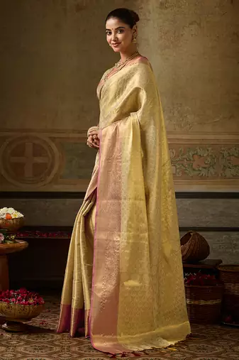 gold color beautiful woven designer partywear saree