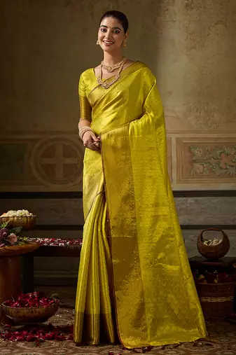 lemon color beautiful woven designer partywear saree