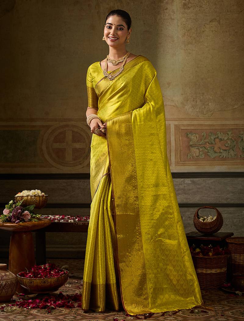 lemon color beautiful woven designer partywear saree
