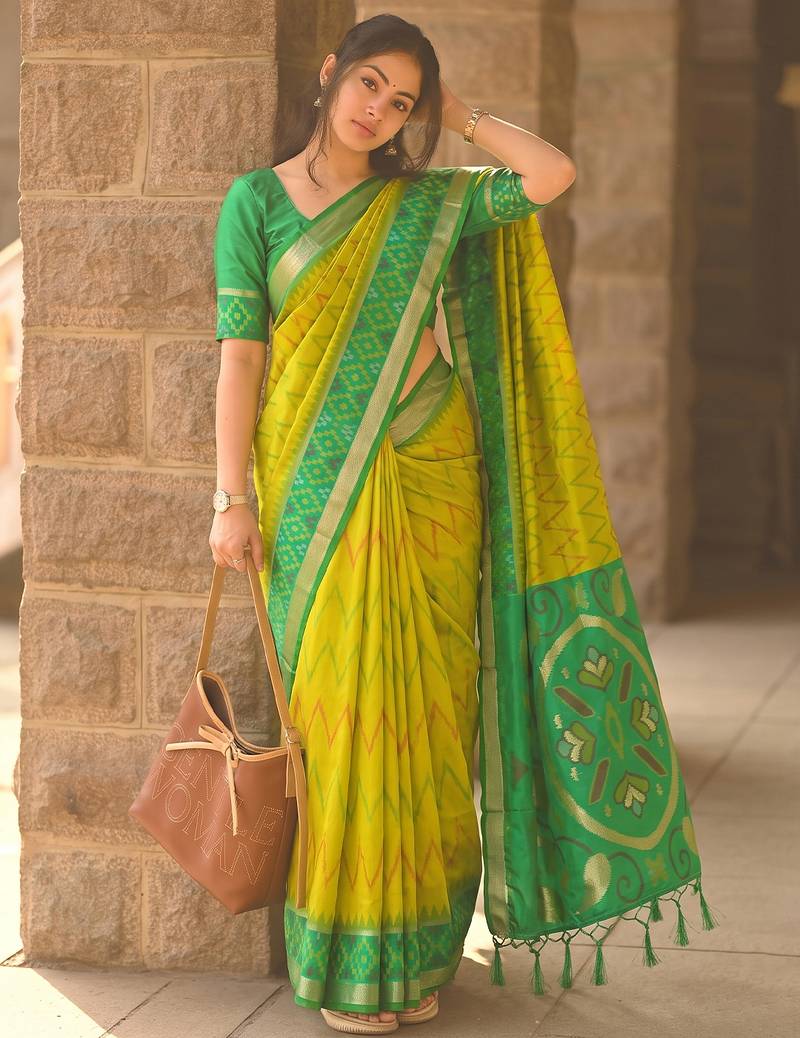 yellow color soft silk blend smart designer sophisticated rich looks saree