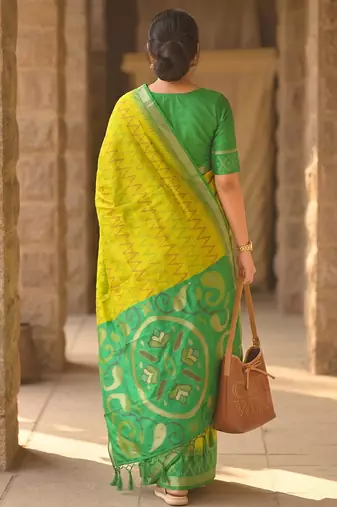 yellow color soft silk blend smart designer sophisticated rich looks saree
