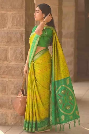 yellow color soft silk blend smart designer sophisticated rich looks saree