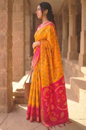 mustard color soft silk blend smart designer sophisticated rich looks saree