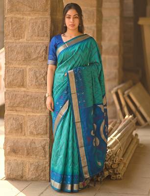 sea green color soft silk blend smart designer sophisticated rich looks saree 1