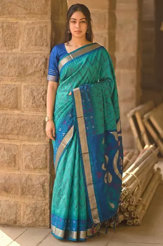 sea green color soft silk blend smart designer sophisticated rich looks saree