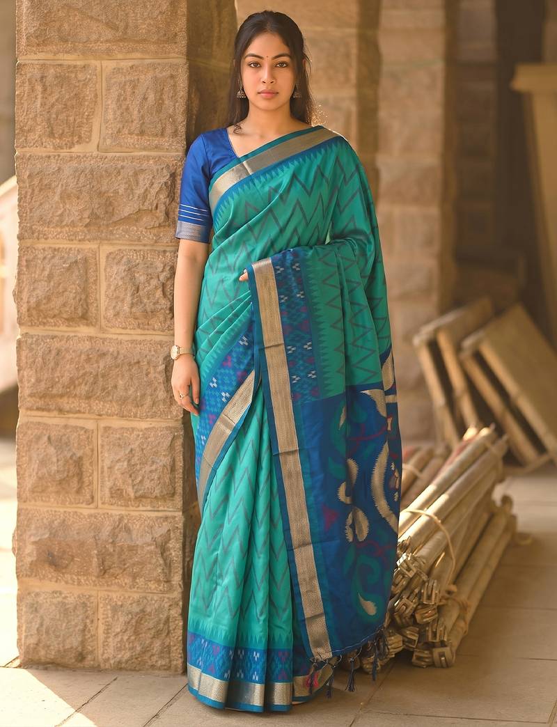sea green color soft silk blend smart designer sophisticated rich looks saree