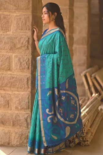 sea green color soft silk blend smart designer sophisticated rich looks saree