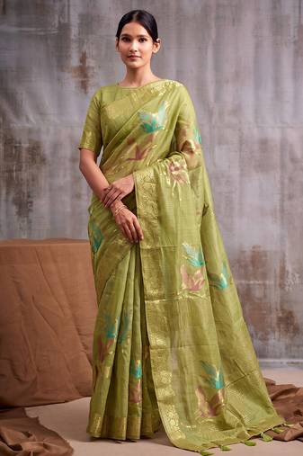 Green color smart  cotton blend fancy woven designer saree
