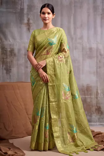 Green color smart  cotton blend fancy woven designer saree