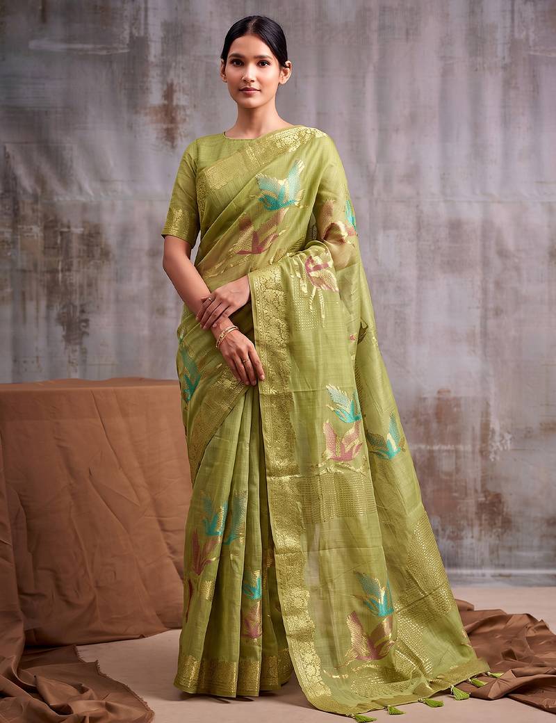 Green color smart  cotton blend fancy woven designer saree