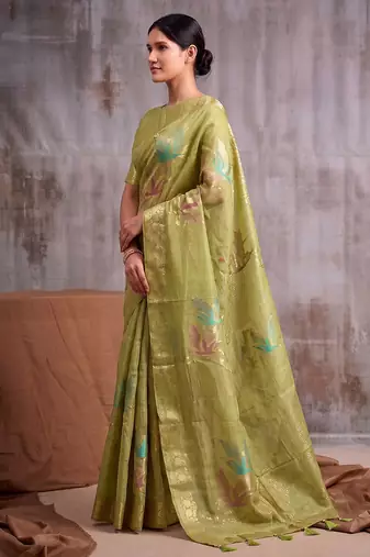 Green color smart  cotton blend fancy woven designer saree