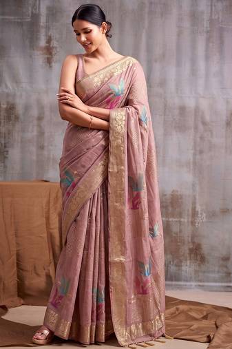 Pink color smart  cotton blend fancy woven designer saree