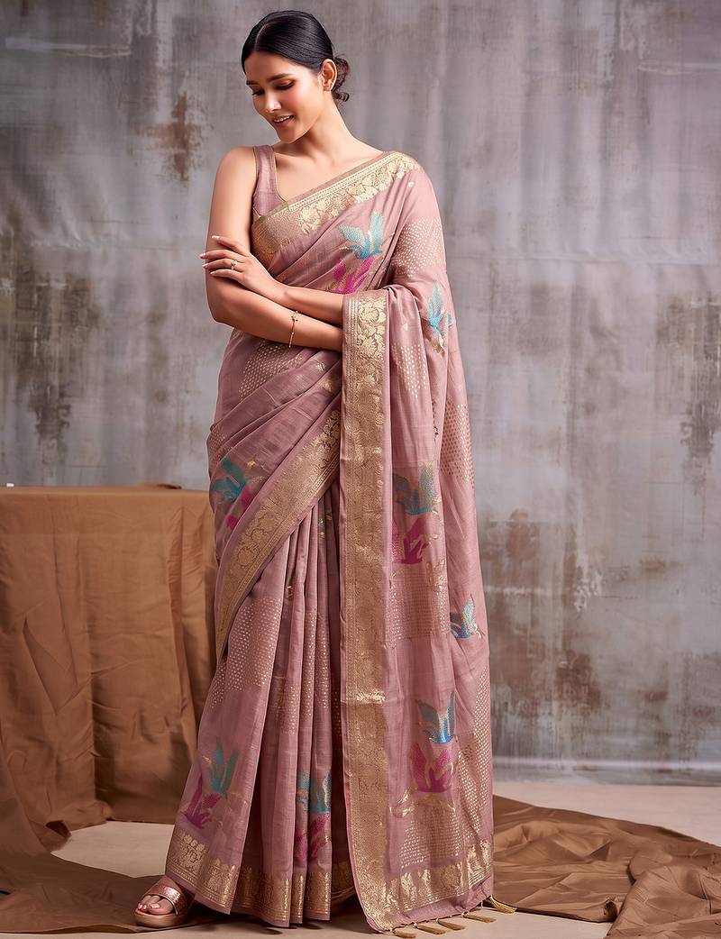 Pink color smart  cotton blend fancy woven designer saree