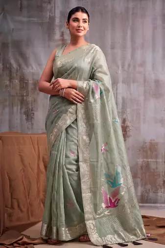 Sea green color smart  cotton blend fancy woven designer saree