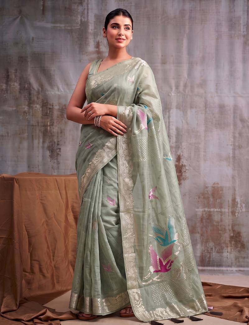 Sea green color smart  cotton blend fancy woven designer saree