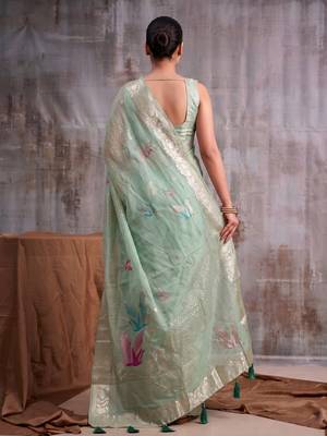 Sea green color smart  cotton blend fancy woven designer saree 2
