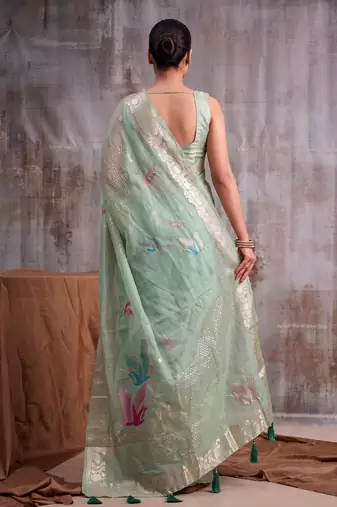 Sea green color smart  cotton blend fancy woven designer saree
