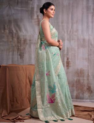 Sea green color smart  cotton blend fancy woven designer saree 3