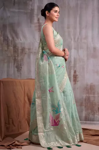 Sea green color smart  cotton blend fancy woven designer saree
