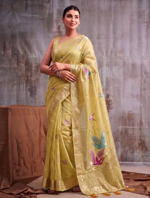 Mustard color smart  cotton blend fancy woven designer saree 1