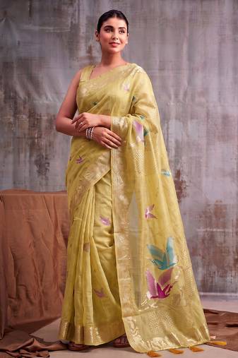 Mustard color smart  cotton blend fancy woven designer saree