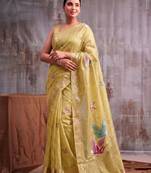 Mustard color smart  cotton blend fancy woven designer saree
