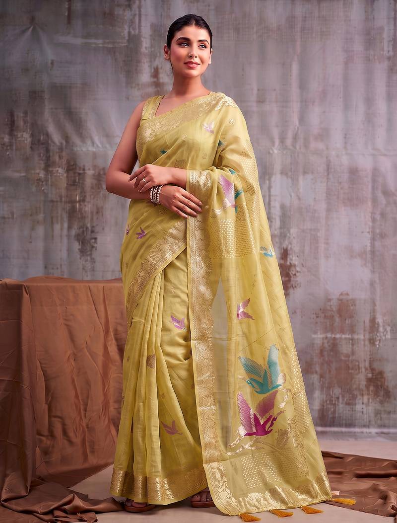 Mustard color smart  cotton blend fancy woven designer saree