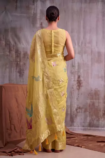 Mustard color smart  cotton blend fancy woven designer saree