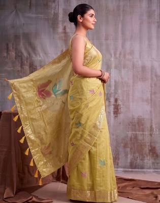 Mustard color smart  cotton blend fancy woven designer saree 3