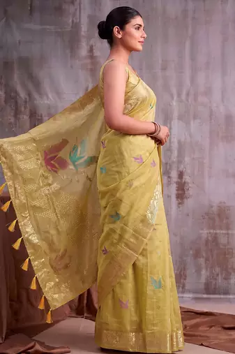 Mustard color smart  cotton blend fancy woven designer saree