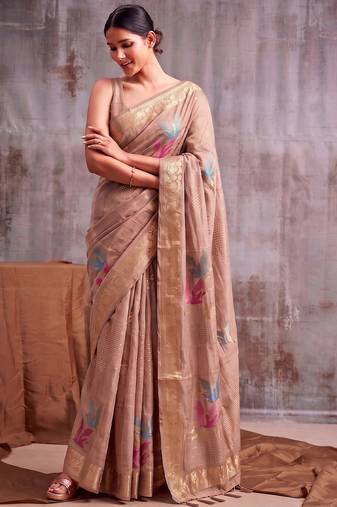 Beige color smart  cotton blend fancy woven designer saree