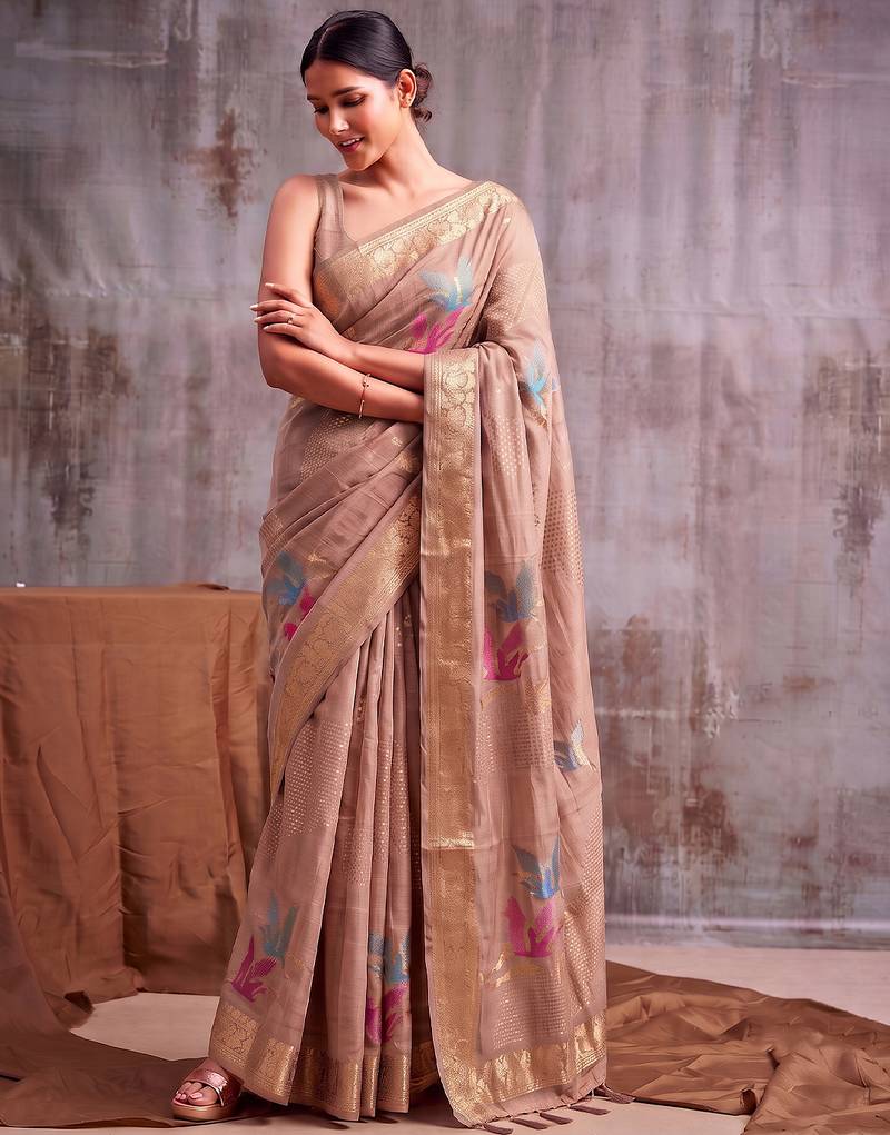 Beige color smart  cotton blend fancy woven designer saree
