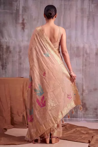 Beige color smart  cotton blend fancy woven designer saree