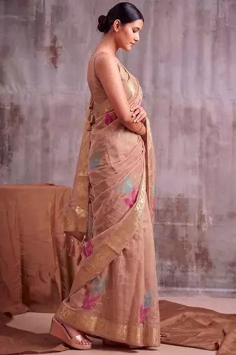 Beige color smart  cotton blend fancy woven designer saree