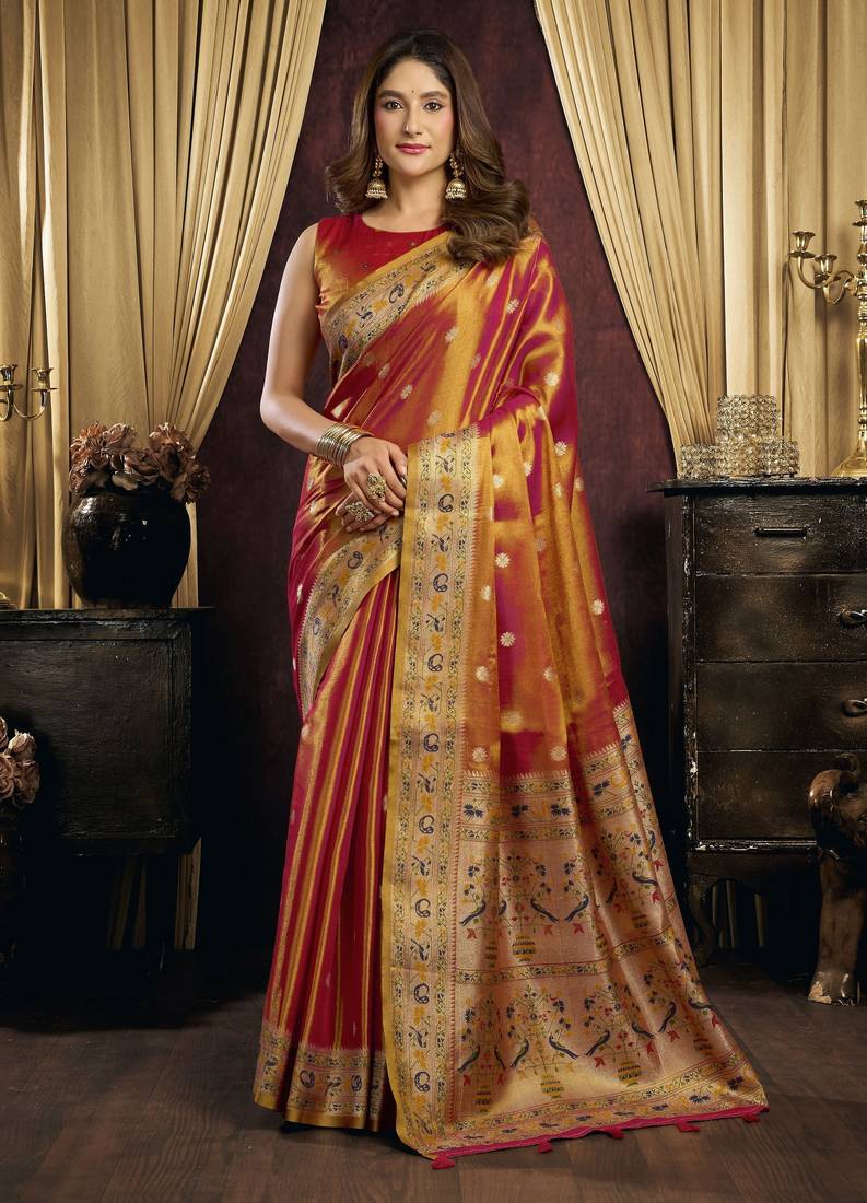 rust color smart silk blend woven designer sophisticated ceremonial saree