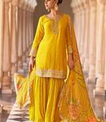 Yellow chinon silk wedding sharara suits free size upto 42