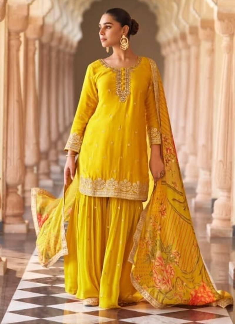Yellow chinon silk wedding sharara suits free size upto 42