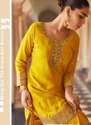 Yellow chinon silk wedding sharara suits free size upto 42 2