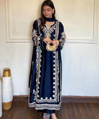 Neavy Blue Color Embroidery Work Satin Kaftan Salwar Suit 1