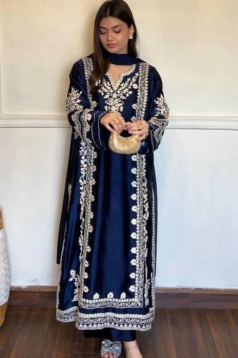 Neavy Blue Color Embroidery Work Satin Kaftan Salwar Suit