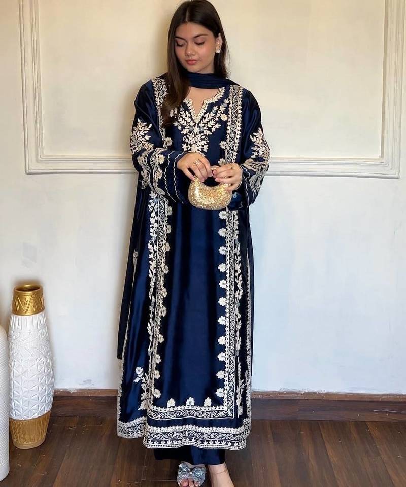 Neavy Blue Color Embroidery Work Satin Kaftan Salwar Suit