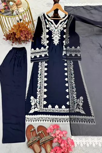Neavy Blue Color Embroidery Work Satin Kaftan Salwar Suit