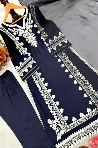 Neavy Blue Color Embroidery Work Satin Kaftan Salwar Suit