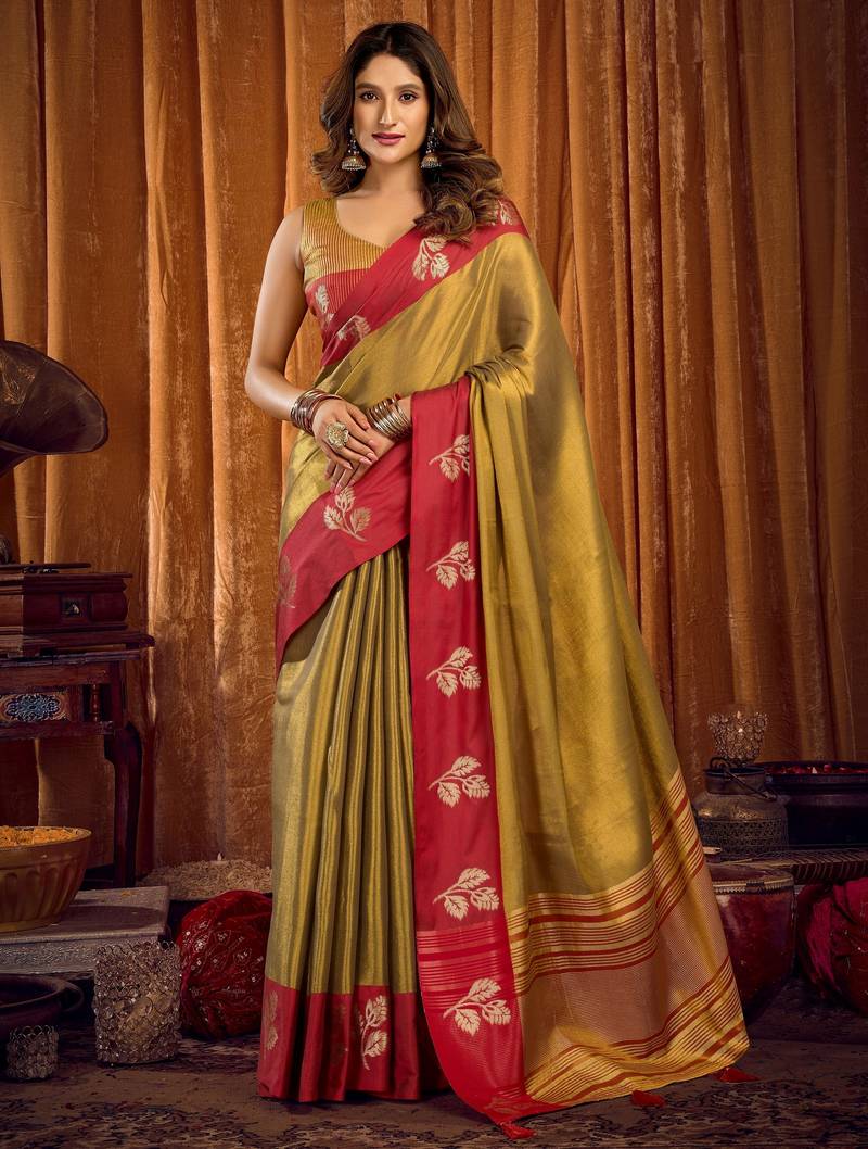 gold color smart and ethnic soft tissue woven designer saree