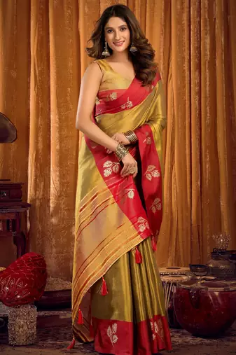 gold color smart and ethnic soft tissue woven designer saree