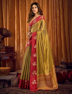 gold color smart and ethnic soft tissue woven designer saree 4