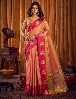 orange color smart and ethnic soft tissue woven designer saree 1