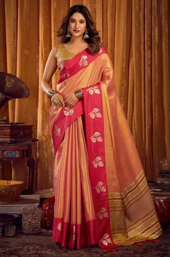 orange color smart and ethnic soft tissue woven designer saree
